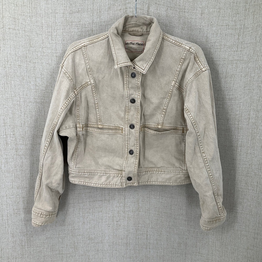 We The Free Denim Jacket Womens Small Beige Cropped Boxy Boho Minimalist Utility
